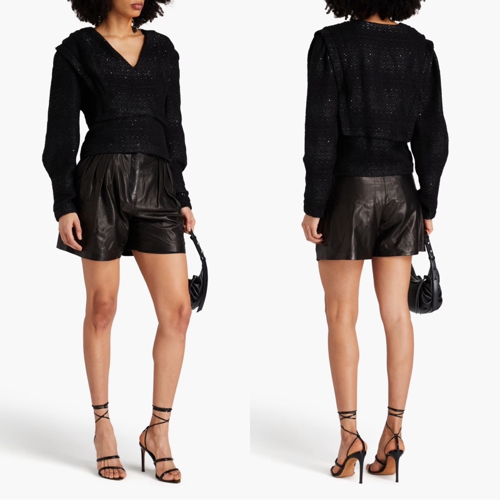 IRO Hateya Long Sleeve V-Neck Sequin Metallic Tweed Blouse Size Medium NWT Black